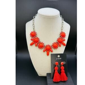 J Crew Coral-Orange Brulee Statement Necklace & Coordinating Tassel Earrings